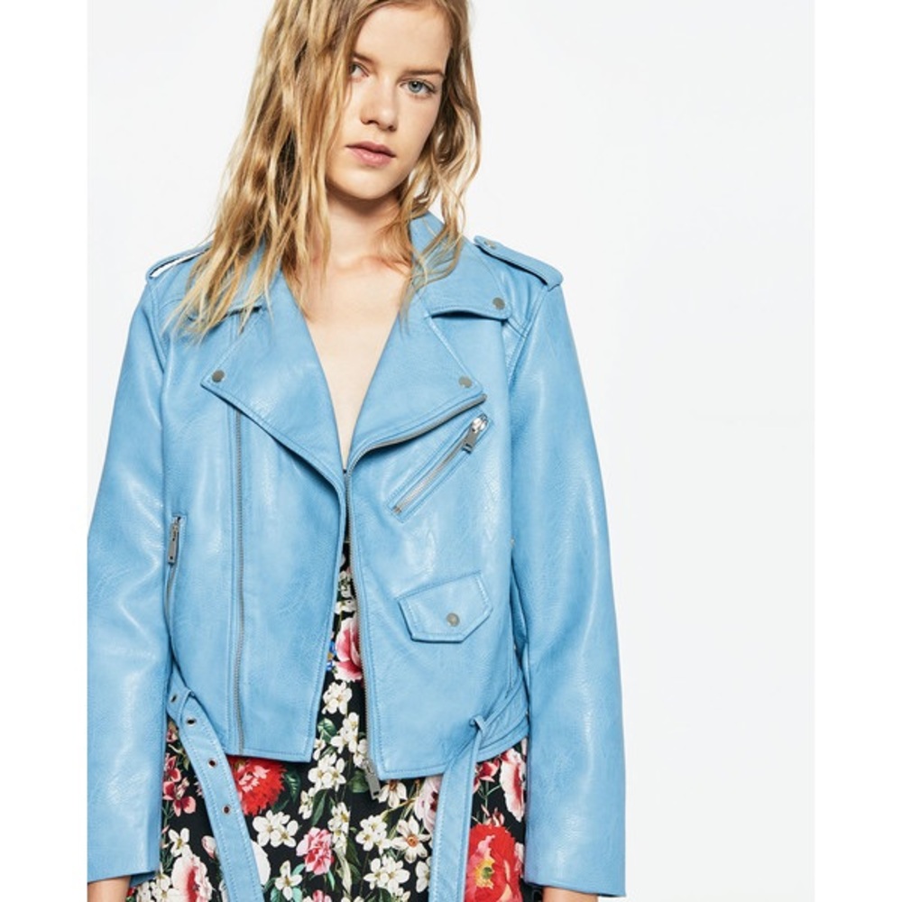 Zara blue faux leather jacket sz xs